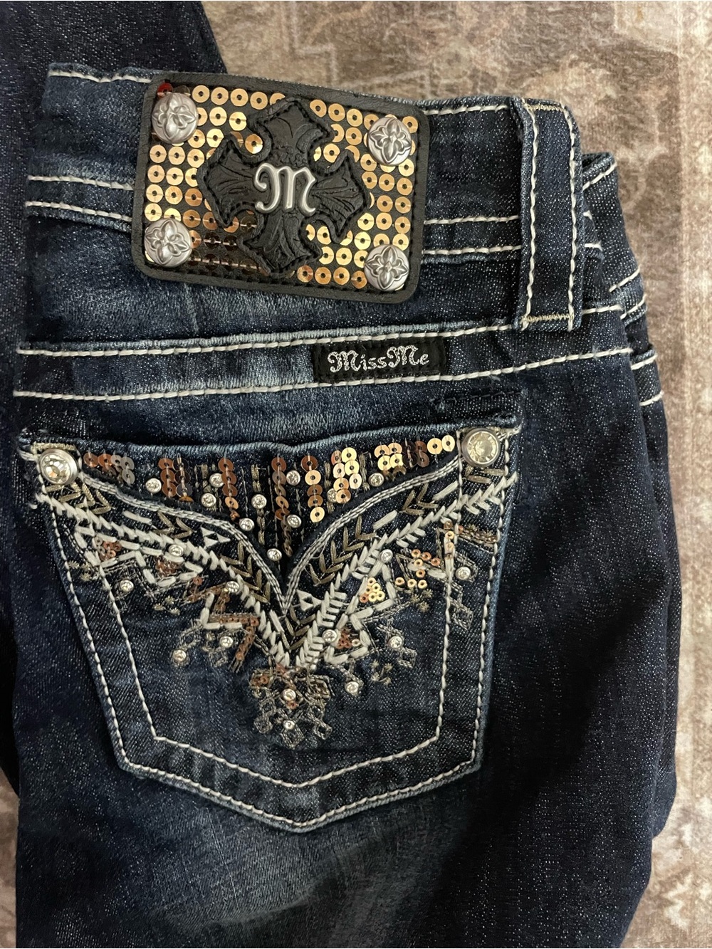 Miss Me Dark Blue Bootcut Jeans with Embellished Back Pockets